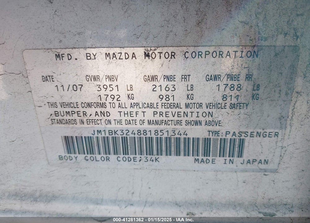 2008 MAZDA 3 S SPORT VIN: JM1BK324881851344