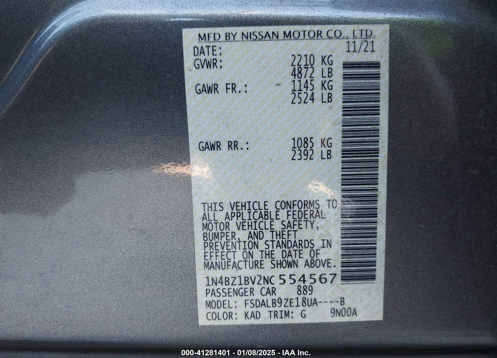 2022 NISSAN LEAF VIN: 1N4BZ1BV2NC554567