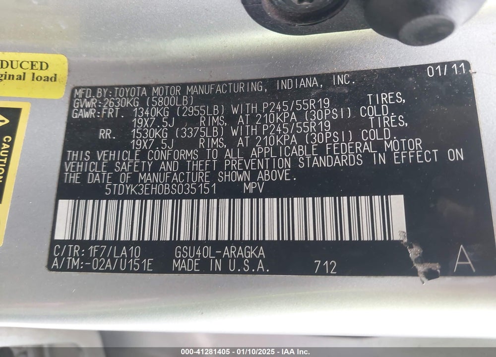 2011 TOYOTA HIGHLANDER LIMITED V6 VIN: 5TDYK3EH0BS035151