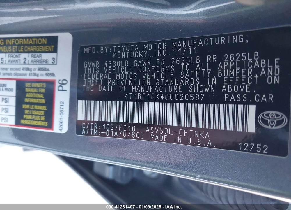 2012 TOYOTA CAMRY VIN: 4T1BF1FK4CU020587
