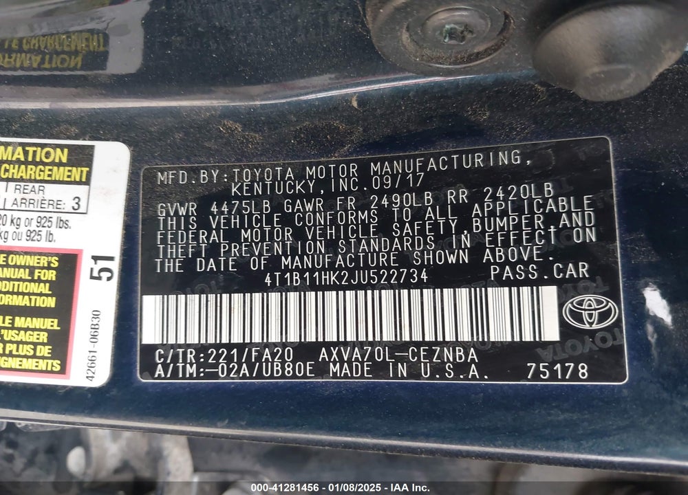 2018 TOYOTA CAMRY VIN: 4T1B11HK2JU522734