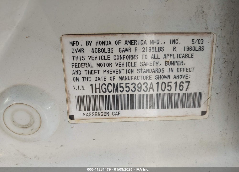 2003 HONDA ACCORD 2.4 LX VIN: 1HGCM55393A105167