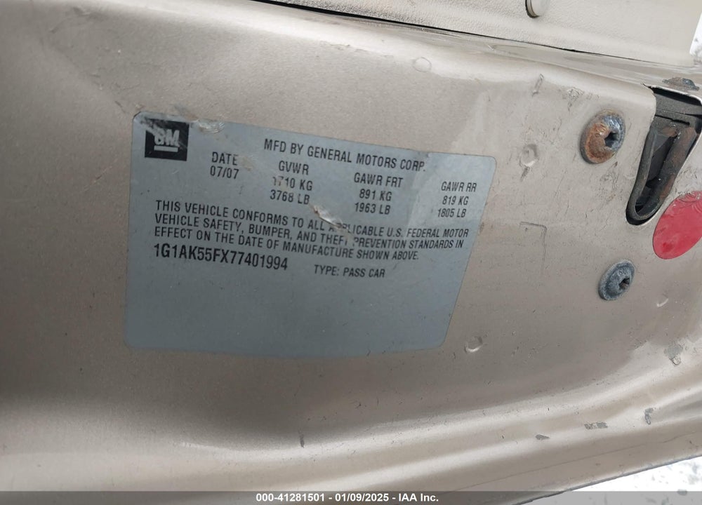 2007 CHEVROLET COBALT LS VIN: 1G1AK55FX77401994