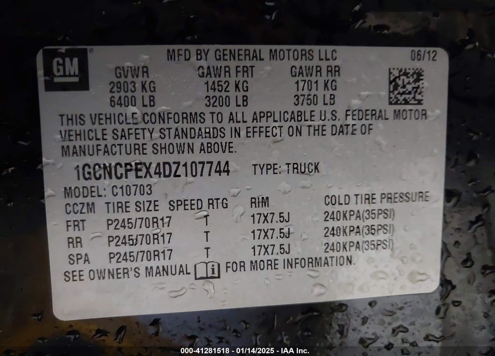 2013 CHEVROLET SILVERADO 1500 WORK TRUCK VIN: 1GCNCPEX4DZ107744