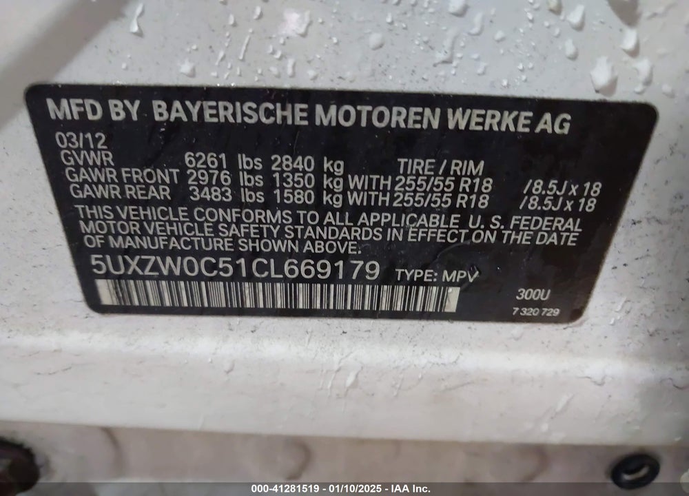 2012 BMW X5 XDRIVE35D VIN: 5UXZW0C51CL669179