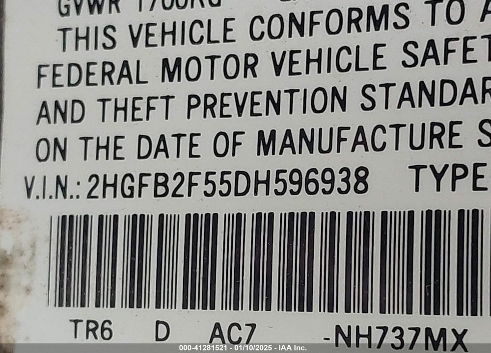 2013 HONDA CIVIC VIN: 2HGFB2F55DH596938