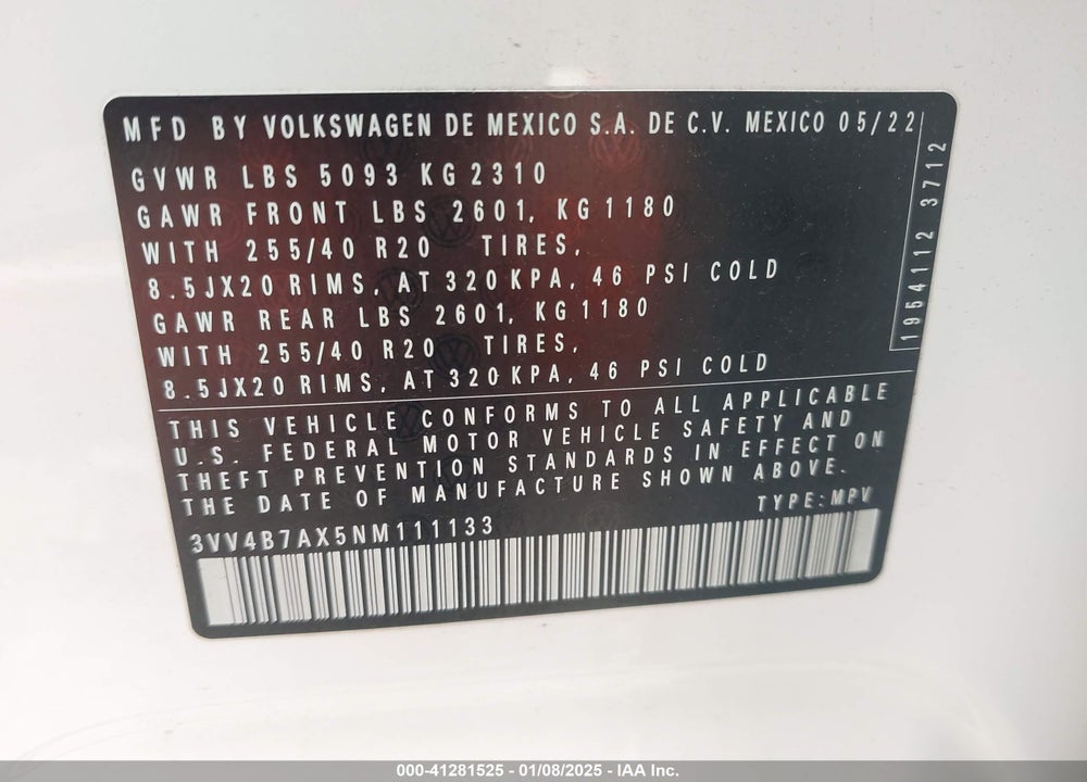 2022 VOLKSWAGEN TIGUAN 2.0T SEL R-LINE VIN: 3VV4B7AX5NM111133