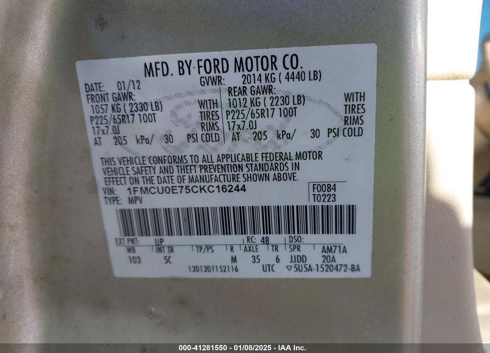 2012 FORD ESCAPE LIMITED VIN: 1FMCU0E75CKC16244