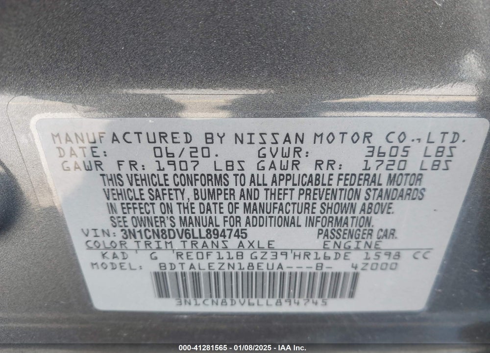 2020 NISSAN VERSA VIN: 3N1CN8DV6LL894745