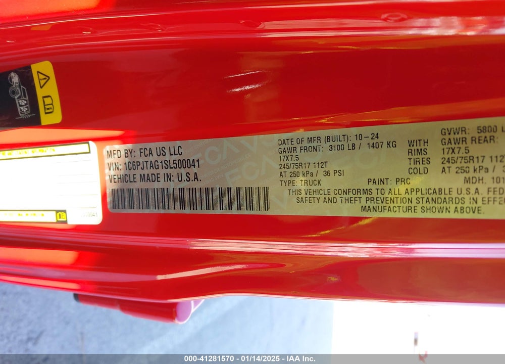 2025 JEEP GLADIATOR SPORT S VIN: 1C6PJTAG1SL500041