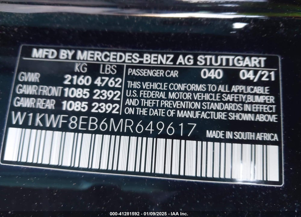 2021 MERCEDES-BENZ C VIN: W1KWF8EB6MR649617