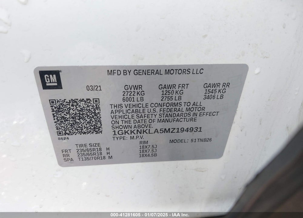 2021 GMC ACADIA FWD SLE VIN: 1GKKNKLA5MZ194931