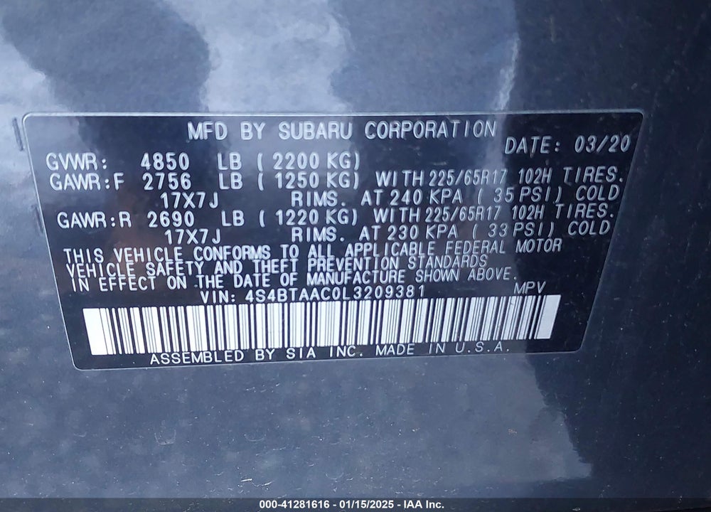 2020 SUBARU OUTBACK VIN: 4S4BTAAC0L3209381