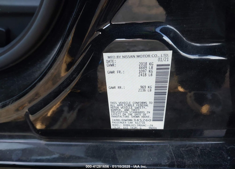2021 NISSAN ALTIMA VIN: 1N4BL4DW0MN345260