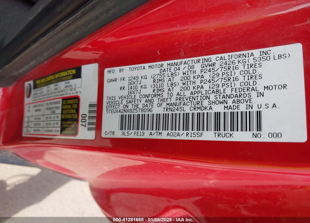 2008 TOYOTA TACOMA VIN: 5TEUX42NX8Z578096
