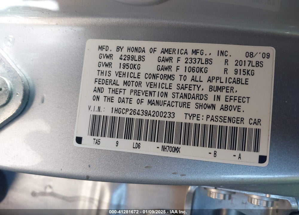 2009 HONDA ACCORD VIN: 1HGCP26439A200233
