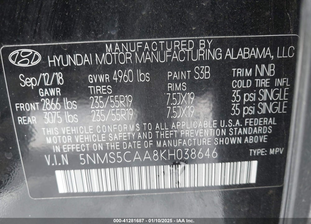 2019 HYUNDAI SANTA FE ULTIMATE 2.0T VIN: 5NMS5CAA8KH038646
