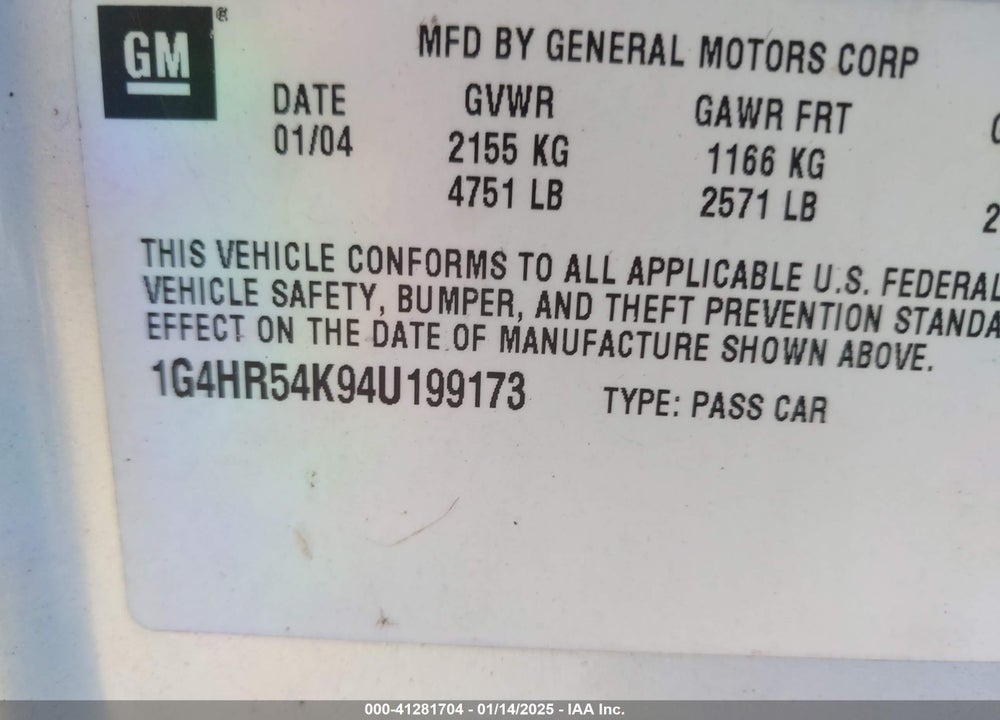 2004 BUICK LESABRE LIMITED VIN: 1G4HR54K94U199173