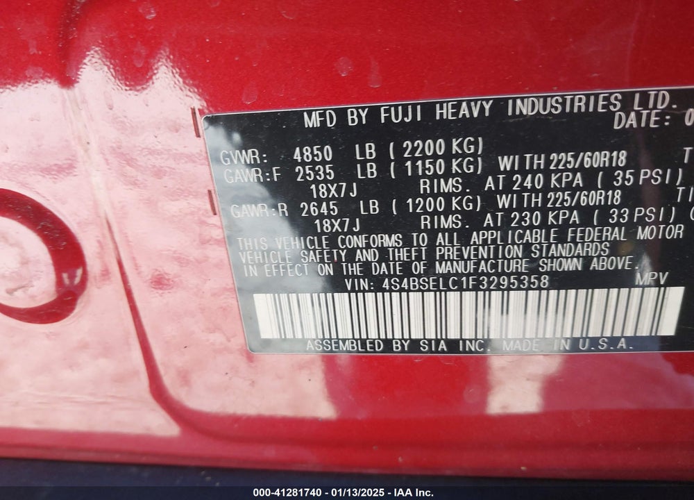2015 SUBARU OUTBACK VIN: 4S4BSELC1F3295358