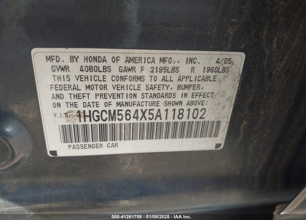 2005 HONDA ACCORD 2.4 LX VIN: 1HGCM564X5A118102