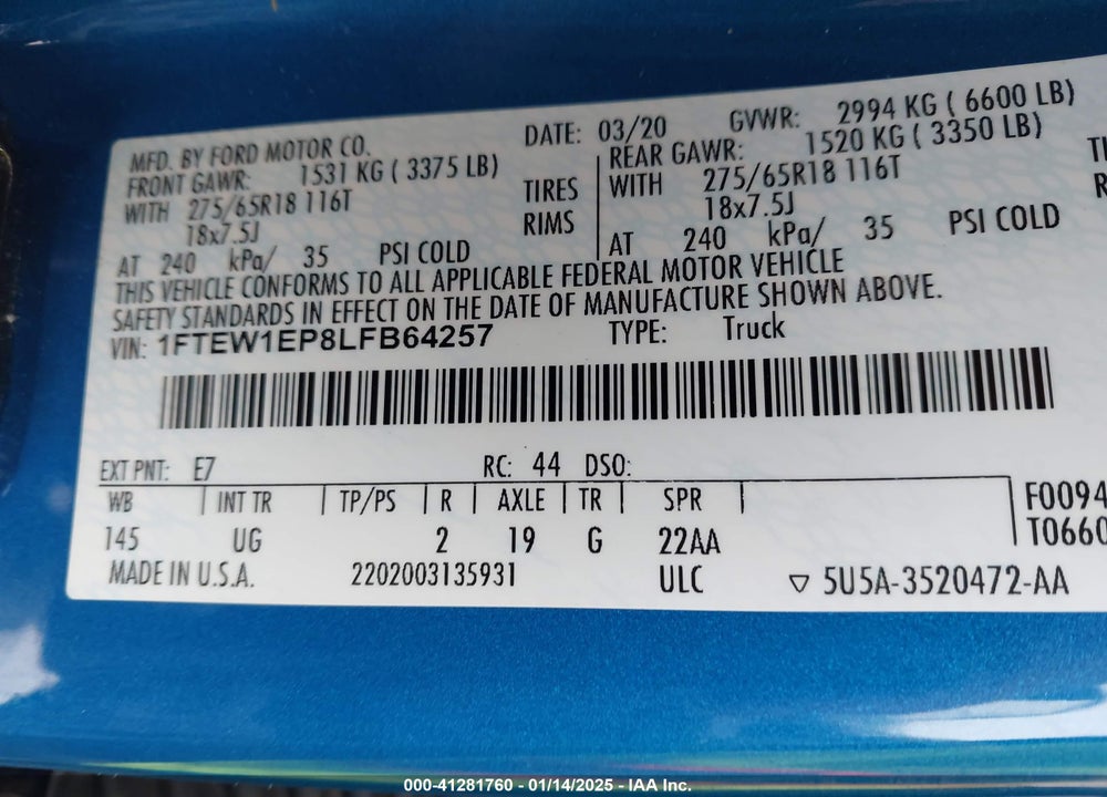 2020 FORD F-150 VIN: 1FTEW1EP8LFB64257
