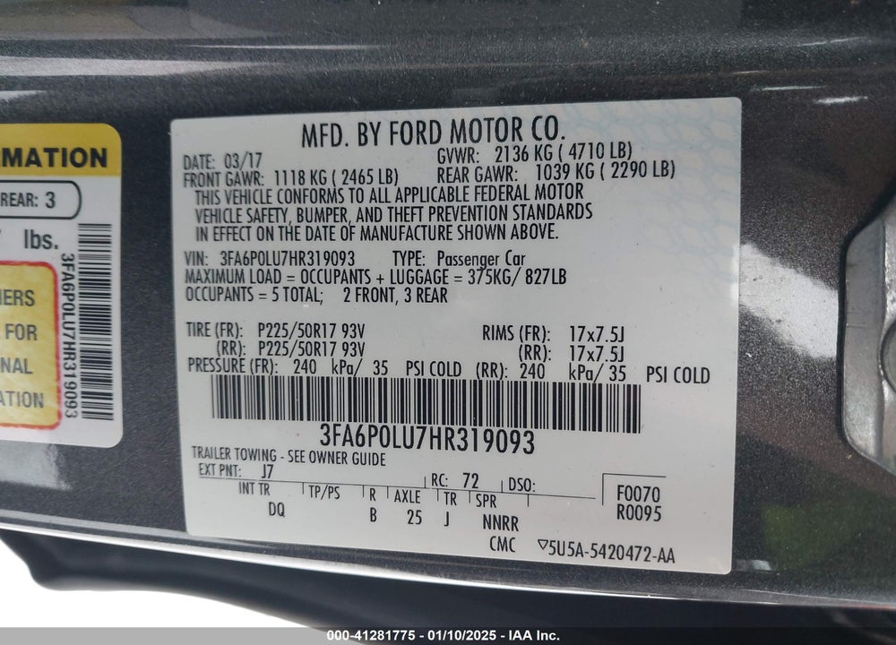 2017 FORD FUSION HYBRID VIN: 3FA6P0LU7HR319093
