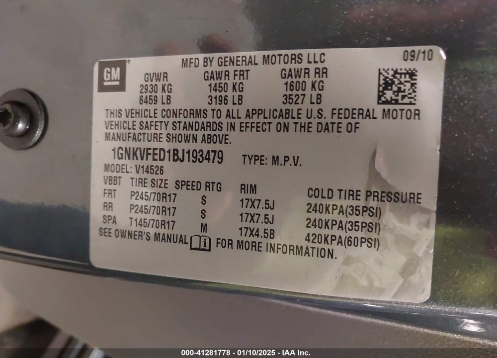 2011 CHEVROLET TRAVERSE LS VIN: 1GNKVFED1BJ193479