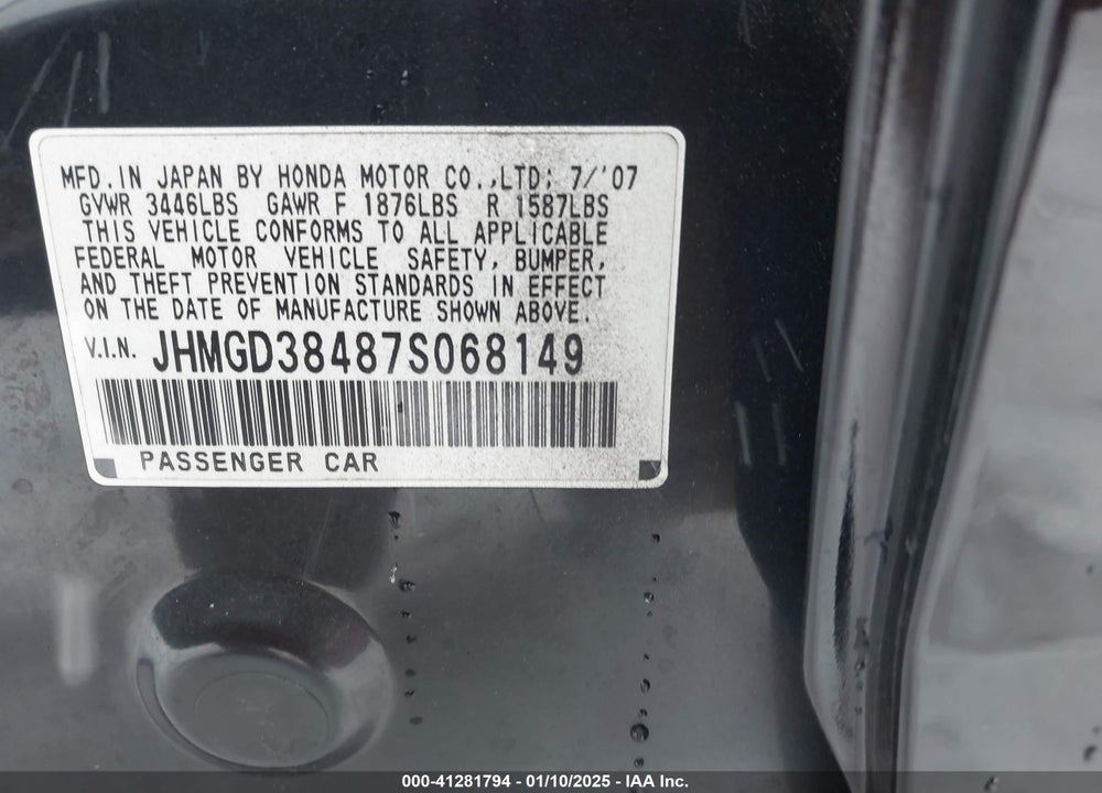 2007 HONDA FIT VIN: JHMGD38487S068149