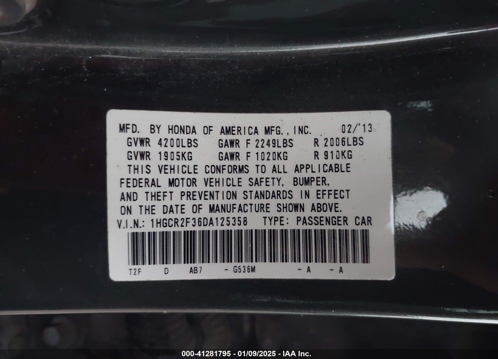 2013 HONDA ACCORD VIN: 1HGCR2F36DA125358