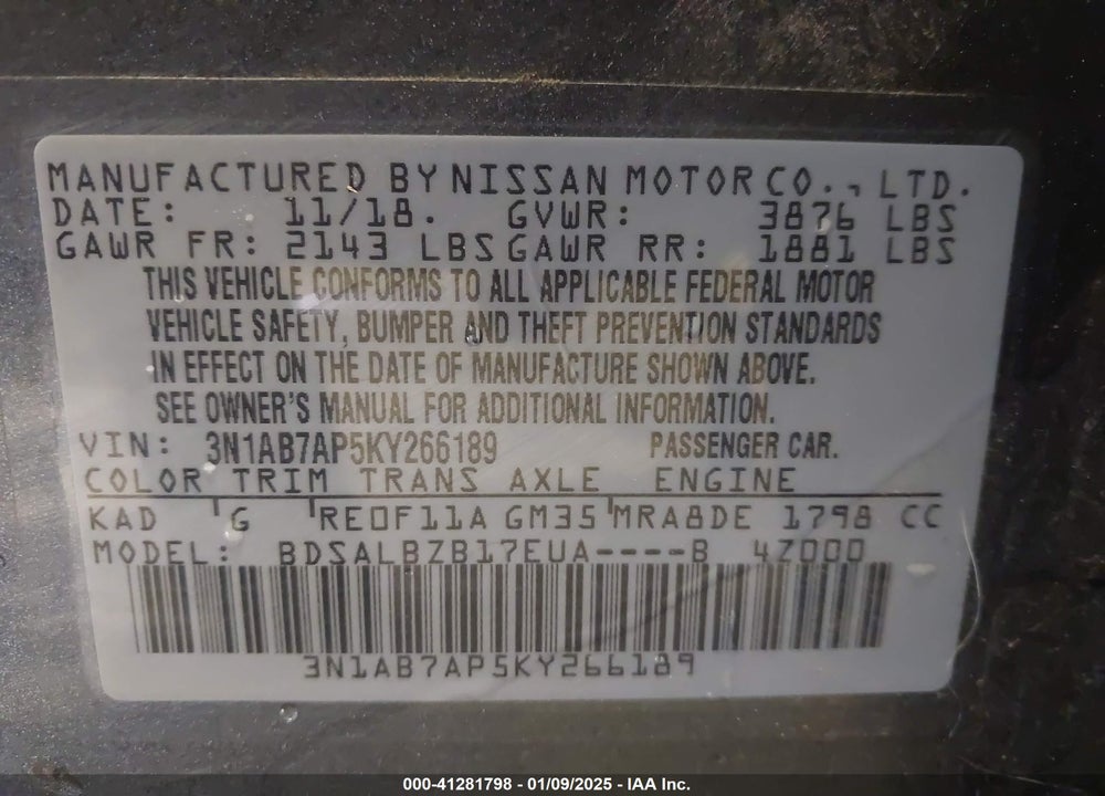 2019 NISSAN SENTRA VIN: 3N1AB7AP5KY266189