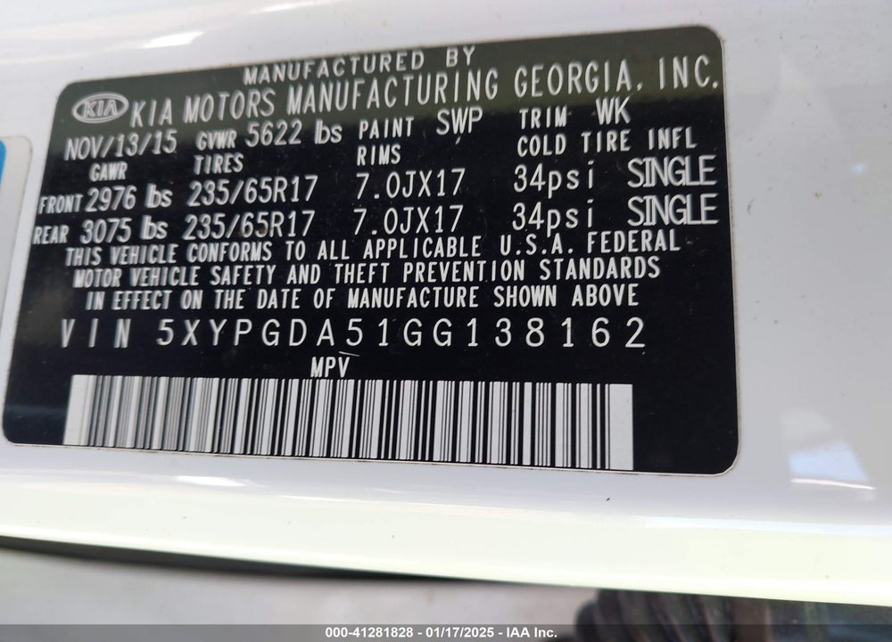 2016 KIA SORENTO 3.3L LX VIN: 5XYPGDA51GG138162