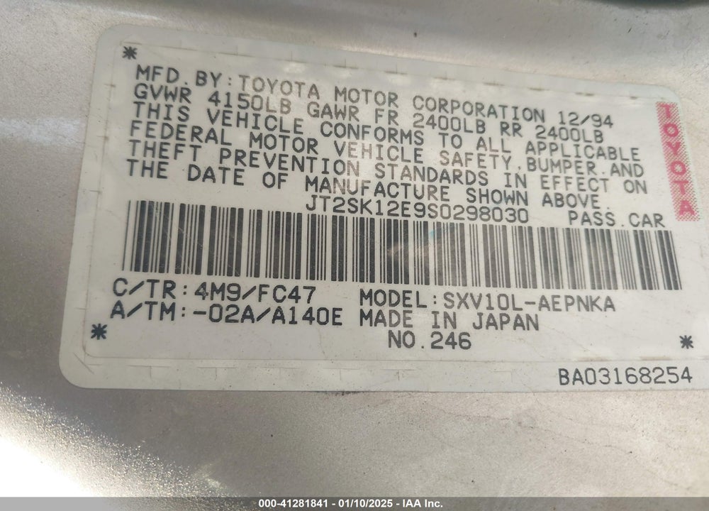 1995 TOYOTA CAMRY LE VIN: JT2SK12E9S0298030