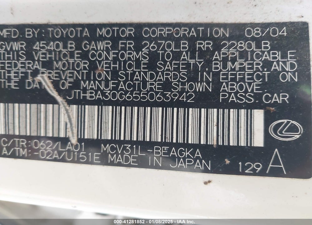 2005 LEXUS ES 330 VIN: JTHBA30G655063942
