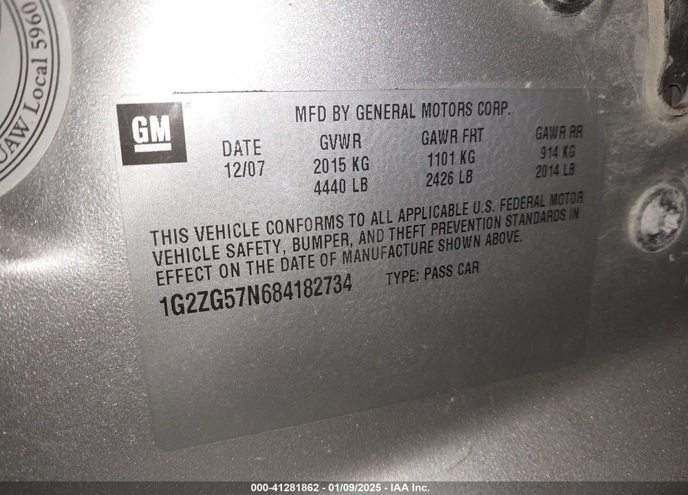 2008 PONTIAC G6 VIN: 1G2ZG57N684182734