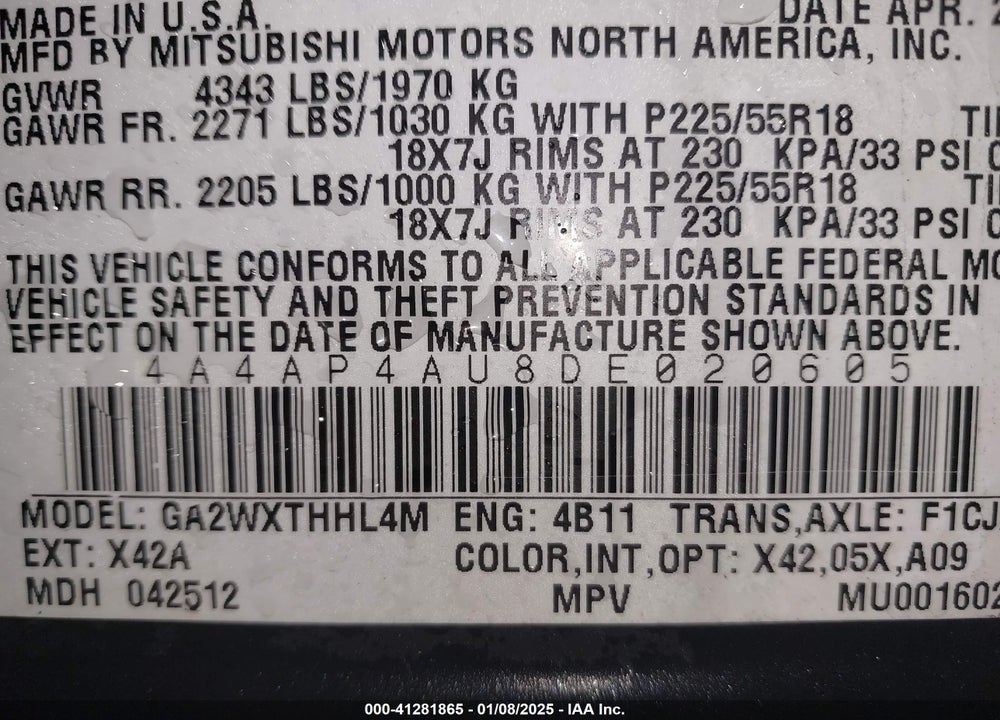 2013 MITSUBISHI OUTLANDER SPORT SE VIN: 4A4AP4AU8DE020605