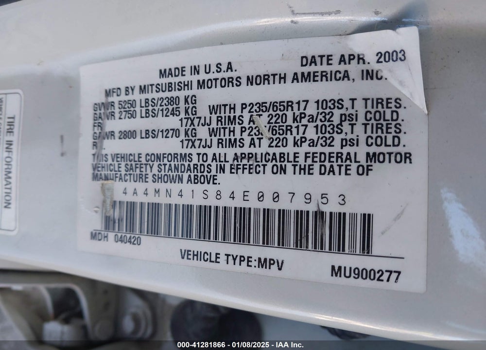2004 MITSUBISHI ENDEAVOR LIMITED VIN: 4A4MN41S84E007953