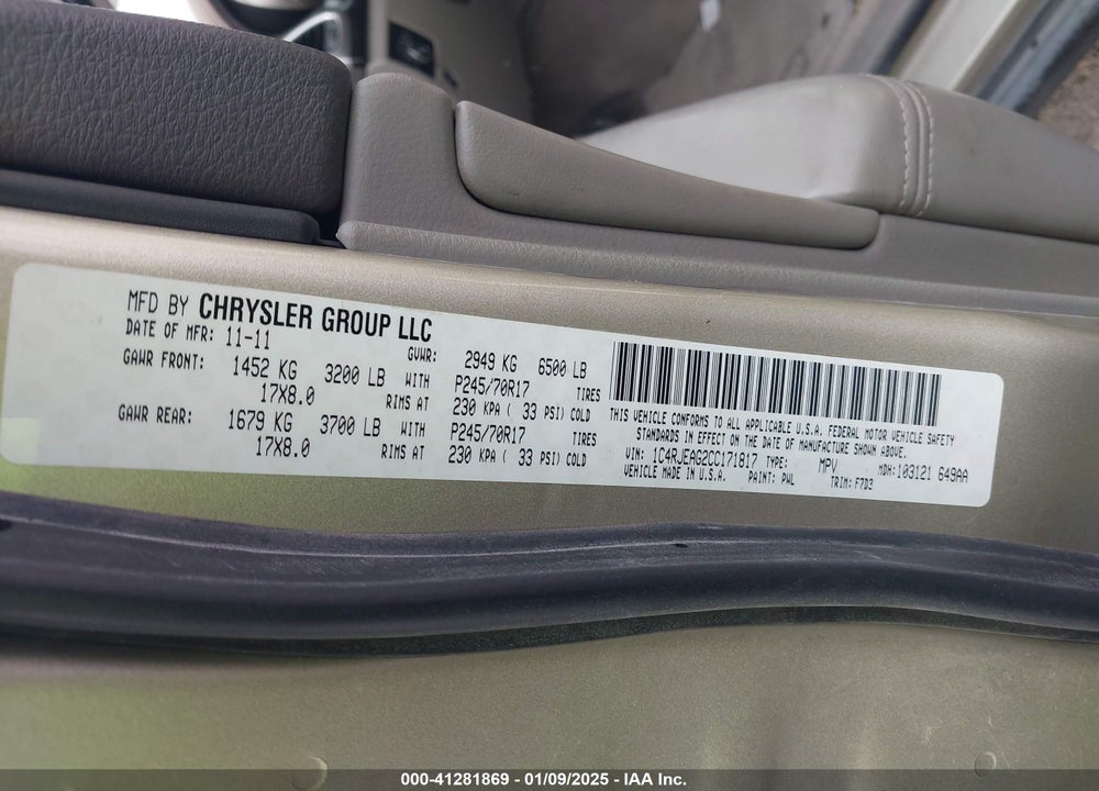 2012 JEEP GRAND CHEROKEE LAREDO VIN: 1C4RJEAG2CC171817
