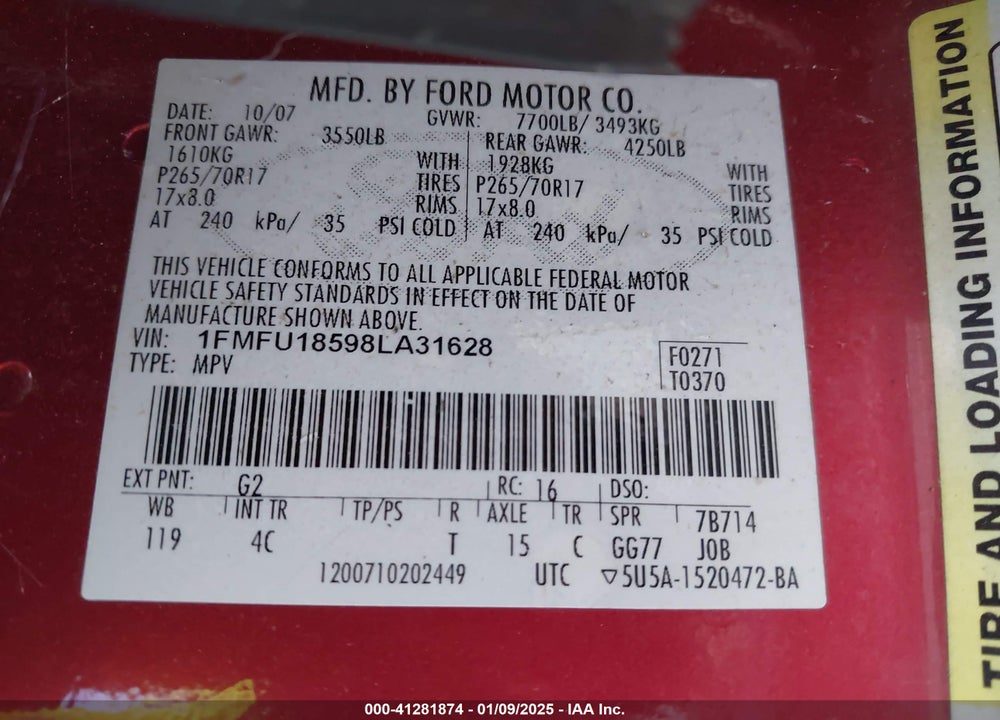 2008 FORD EXPEDITION EDDIE BAUER/KING RANCH VIN: 1FMFU18598LA31628