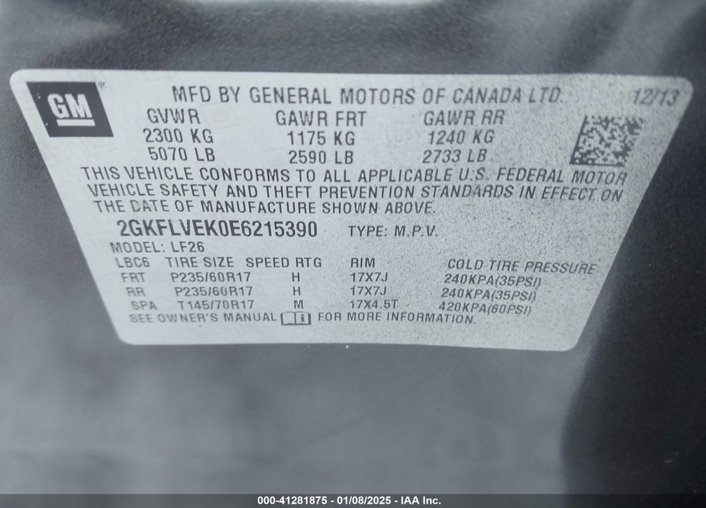 2014 GMC TERRAIN SLE-1 VIN: 2GKFLVEK0E6215390