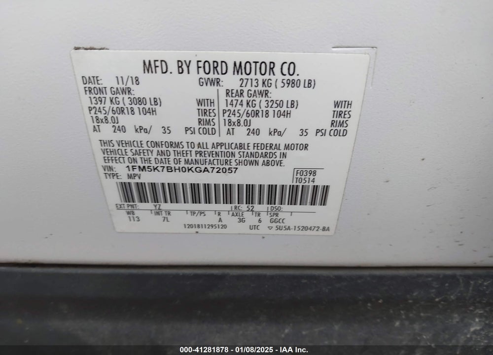 2019 FORD EXPLORER VIN: 1FM5K7BH0KGA72057