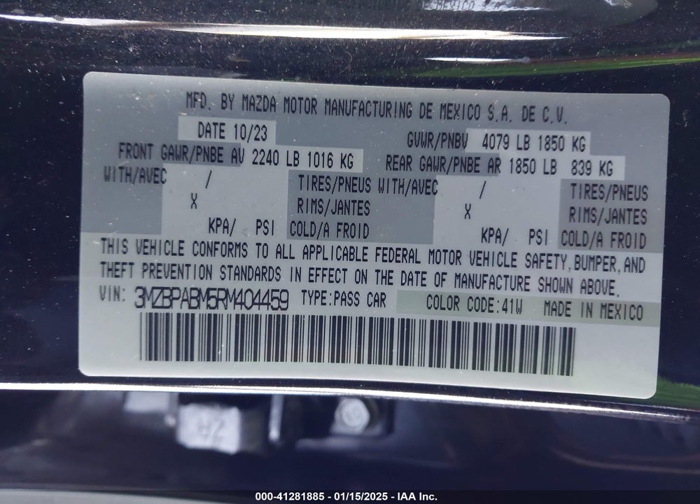 2024 MAZDA 3 VIN: 3MZBPABM5RM404459