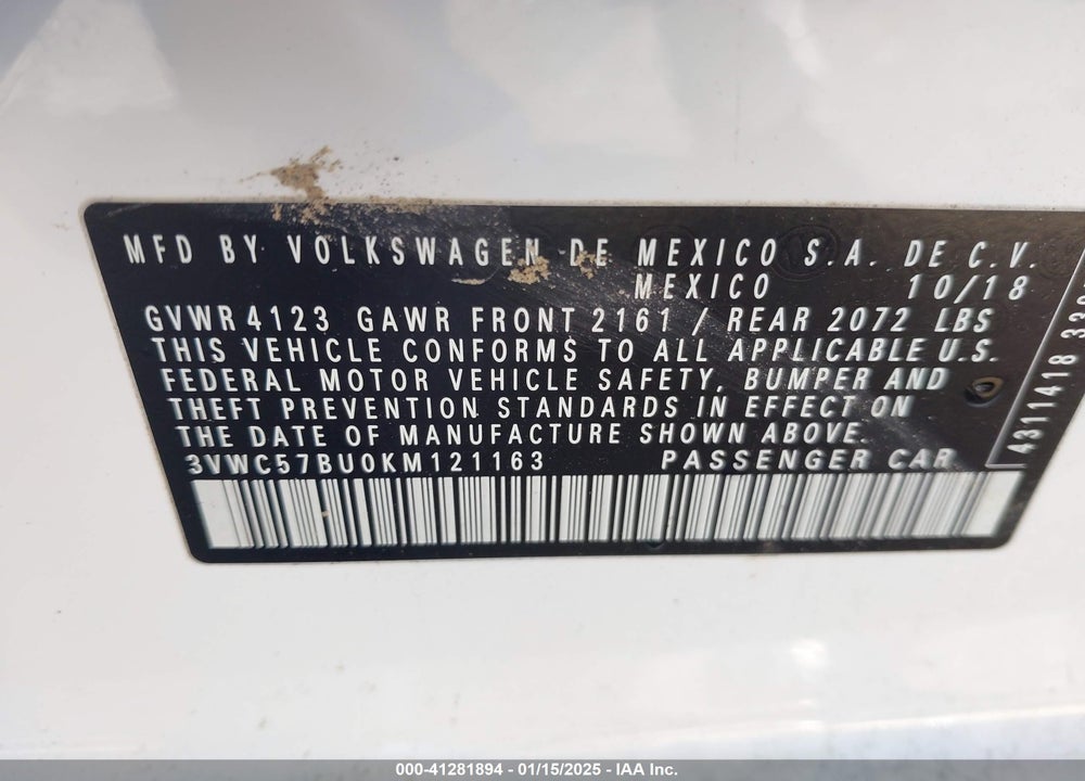2019 VOLKSWAGEN JETTA 1.4T R-LINE/1.4T S/1.4T SE VIN: 3VWC57BU0KM121163