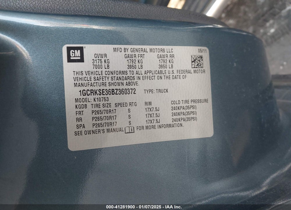 2011 CHEVROLET SILVERADO 1500 LT VIN: 1GCRKSE36BZ360372