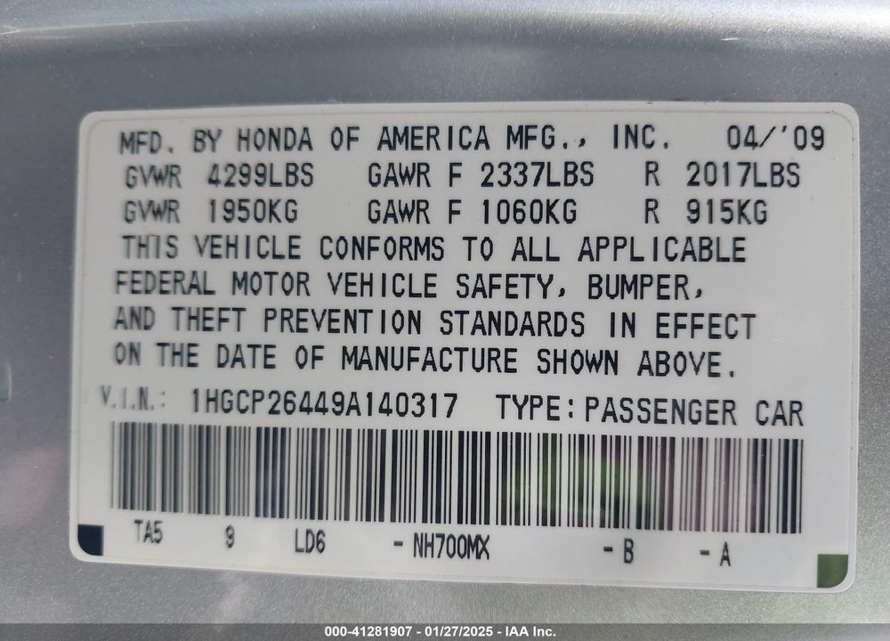 2009 HONDA ACCORD 2.4 LX-P VIN: 1HGCP26449A140317