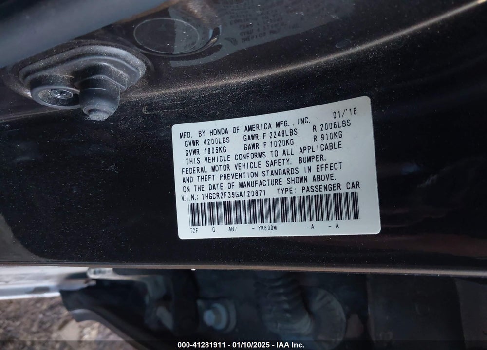 2016 HONDA ACCORD VIN: 1HGCR2F39GA120871