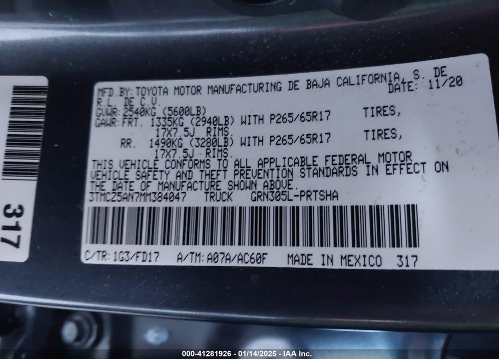 2021 TOYOTA TACOMA 4WD TRD SPORT VIN: 3TMCZ5AN7MM384047