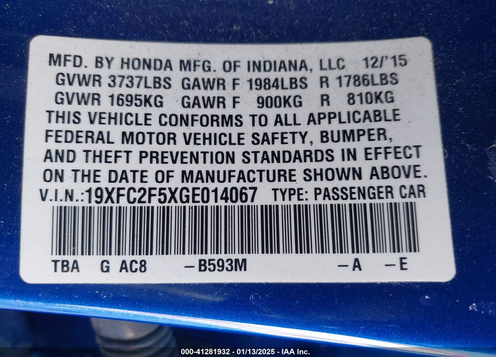 2016 HONDA CIVIC LX VIN: 19XFC2F5XGE014067