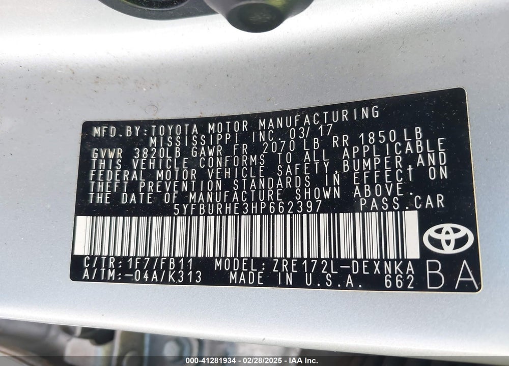 2017 TOYOTA COROLLA VIN: 5YFBURHE3HP662397