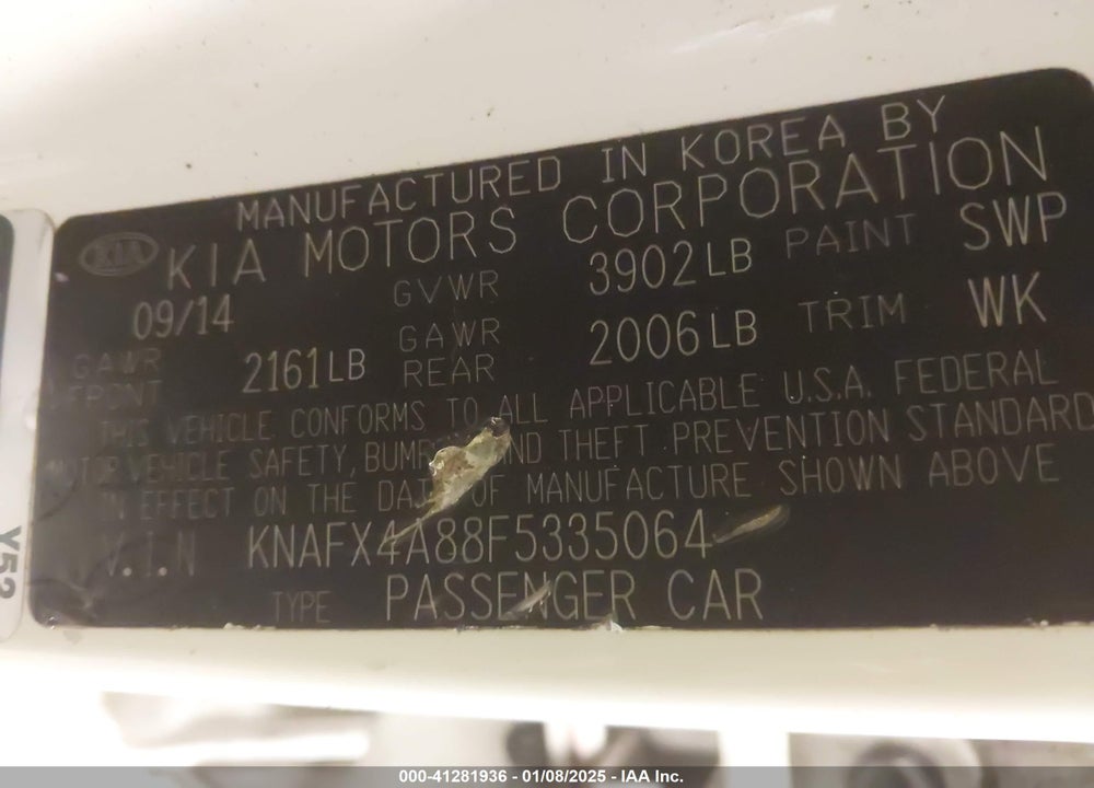 2015 KIA FORTE EX VIN: KNAFX4A88F5335064