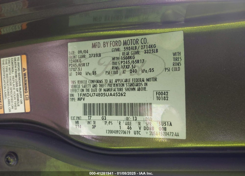 2005 FORD EXPLORER EDDIE BAUER VIN: 1FMDU74E05UA45262